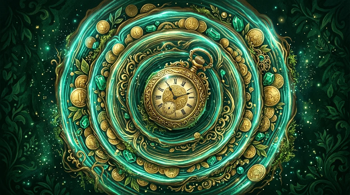 Ornate gold pocket watch ringed by glowing tree-rings of coins and emeralds, heritage