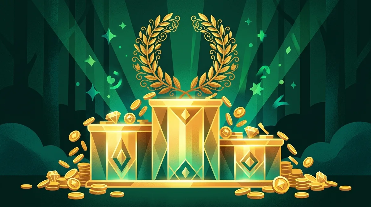 Golden leaderboard podium with coins cascading and a gold laurel wreath above